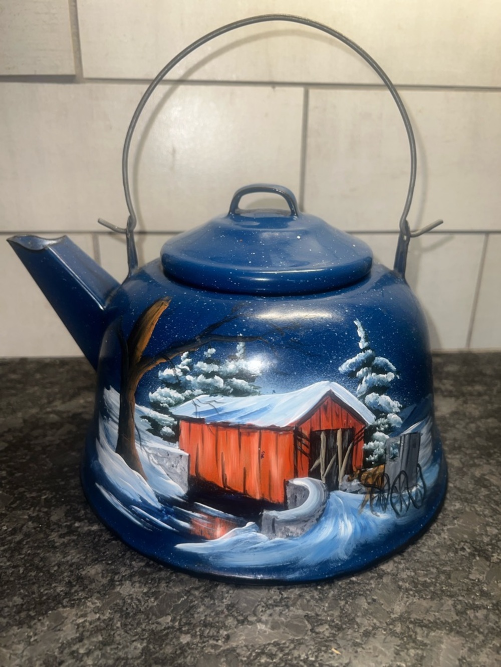Blue Enamel Teakettle with Red Covered Bridge. Great condition.